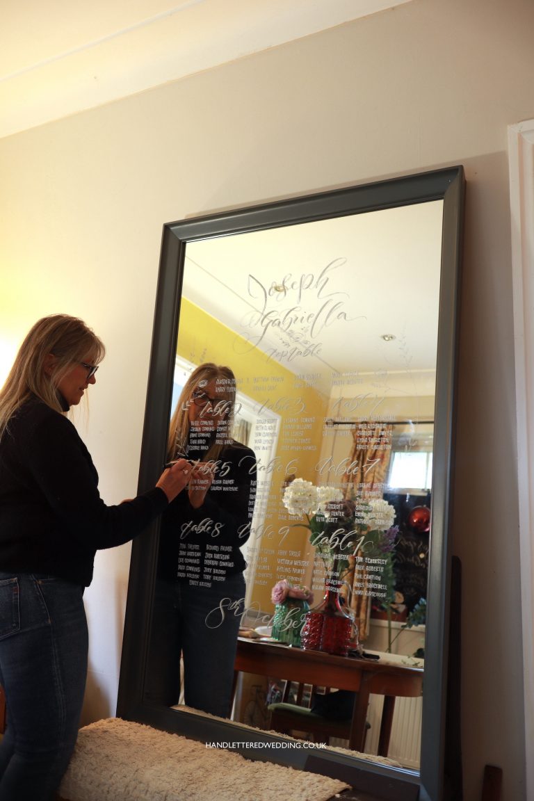 Handlettered Wedding Mirror Table Plan