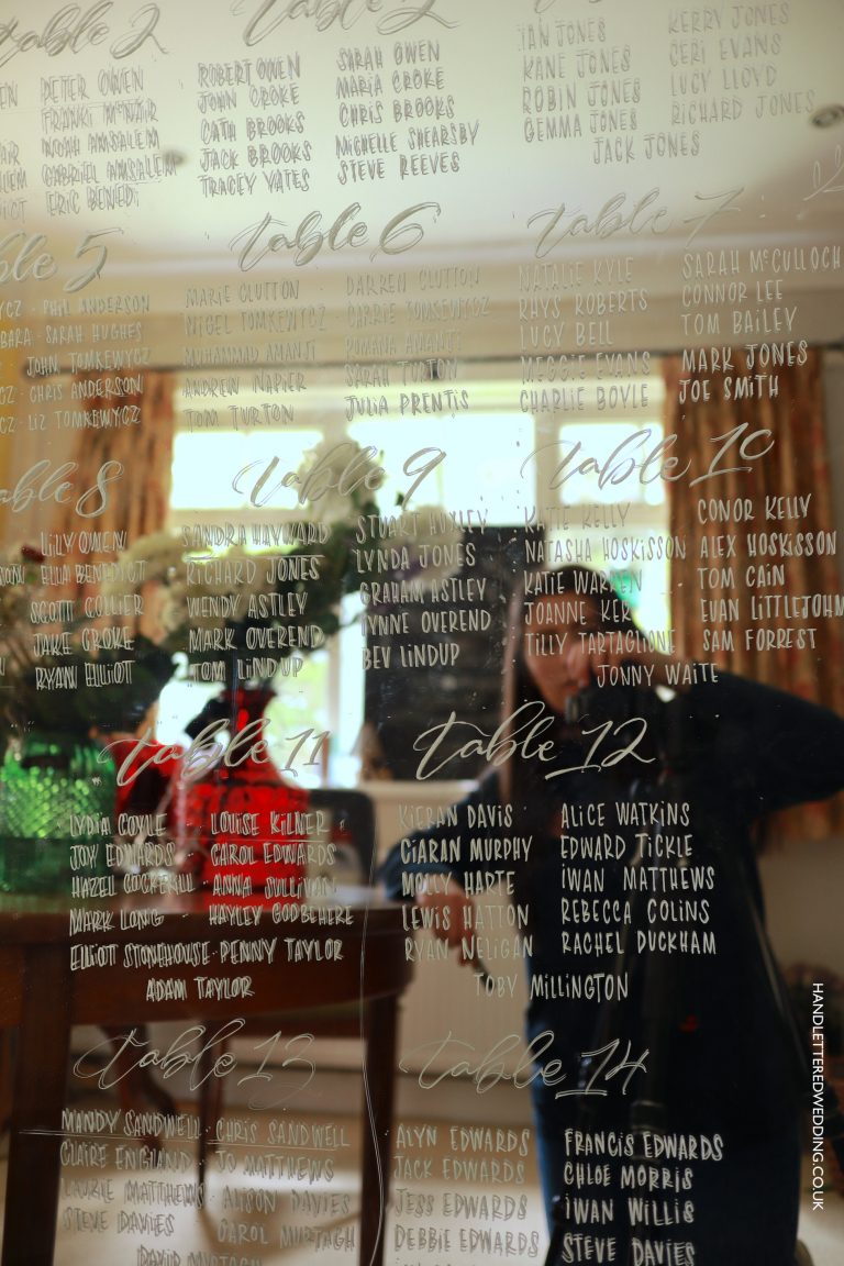 Handlettered Wedding Table Plan: Seating on bespoke Mirror